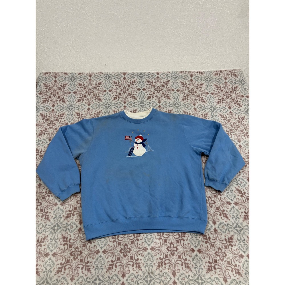 Classic Elements Vintage Snowman Embroidered Sweatshirt Blue Mock Neck Large